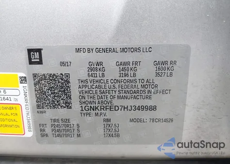 2017 Chevrolet Traverse Ls from USA, damaged, VIN 1GNKRFED7HJ349988